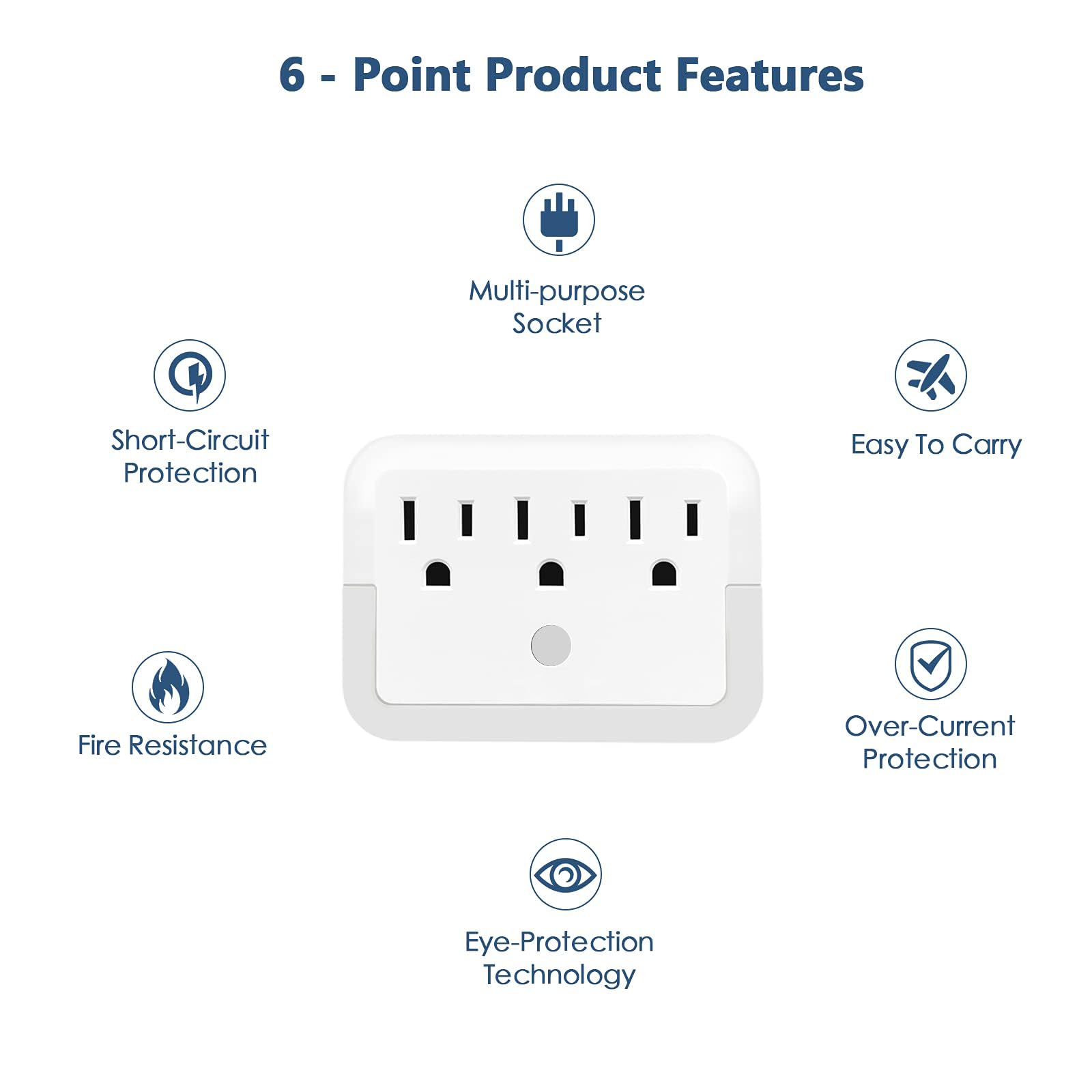 Mehrfachsteckdosenadapter, Steckdosenleiste mit Lichtsensor, Steckdosenleiste mit warmem Nachtlicht, für Zuhause, Büro, Hotel, Reisen, Weiß (1 Stück)