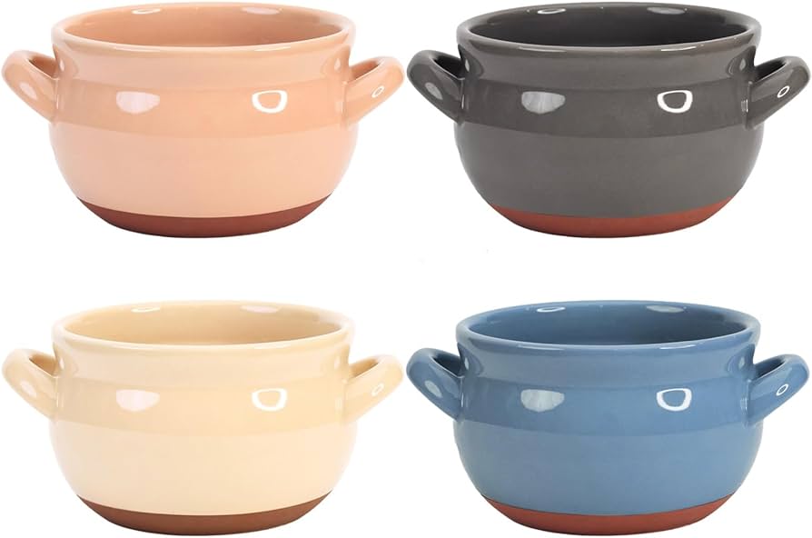 French Onion Soup Bowls, 16 Oz Soup Bowls with Handles Ceramic Soup Crocks for Chilli, Cereal, Cereal, Pot Pies - French Onion Soup Crocks, Oven, Broil & Dishwasher Safe, Multicolor, Set of 4