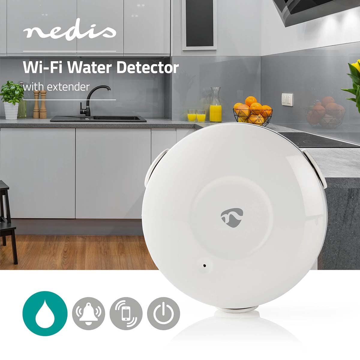 Nedis WIFIDW10WT Détecteur d'eau Système de capteur et alarme avec câble et sans câble