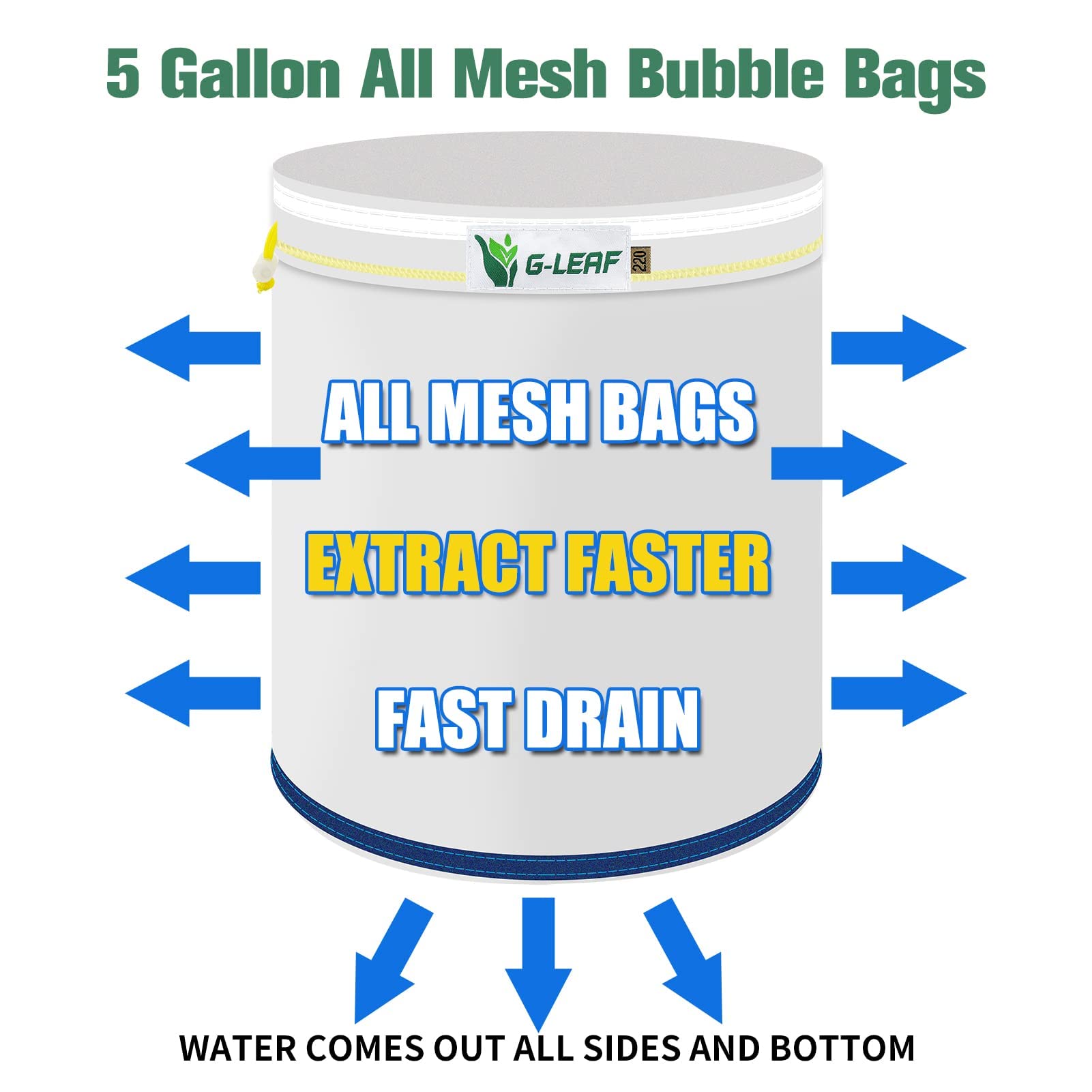 G-LEAF Bubble Bag 20L 5 Gallon 3 Beutel All Mesh Bag Kräutereis Essence Extraktion Beutel Kit mit Presssieb und Tragetasche
