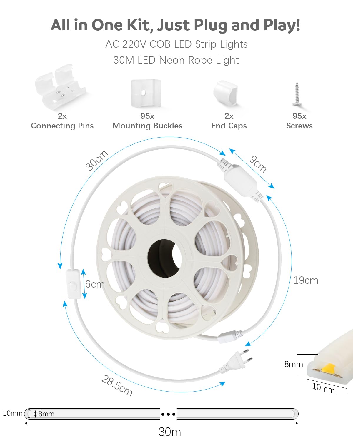 ALITOVE 30m COB LED Streifen Aussenbereich 230V Warmweiss mit Schalter | LED Band 230V Direktanschluss, 3000K, 288LEDs/m, für Garten Terrasse und DIY-Projekte, Nicht Dimmbar, Nicht Selbstklebend