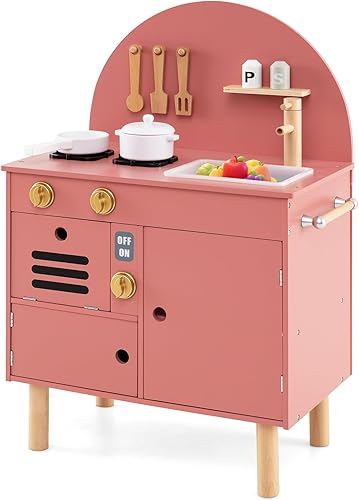 Miniatura 11 de Costzon Juego de cocina para niños, cocina con estufas, grifo, fregadero, microondas, gabinete, horno y accesorios de cocina, cocina de madera