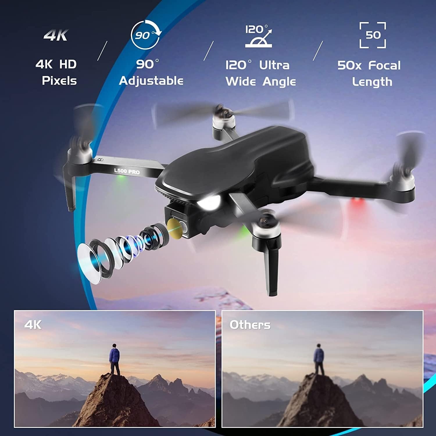 Dron z dwoma kamerami 4K HD, składany dron, 2 baterie na 50 minut lotu, 4 bezszczotkowe silniki do szybkich, 360-stopniowy dźwięk przestrzenny z trybami Auto-Follow i Waypoint (Color : Gray)