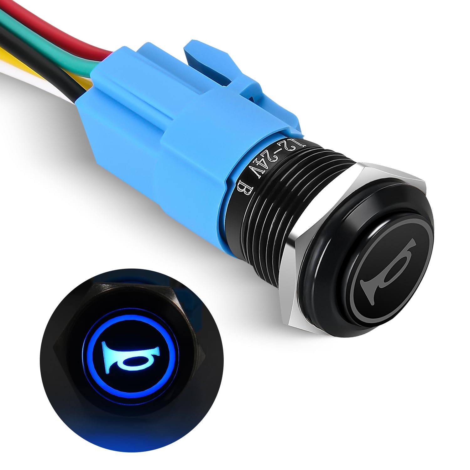 Nilight 16mm 12V Momentary Horn Push Button Switch Blue LED Harness Kit