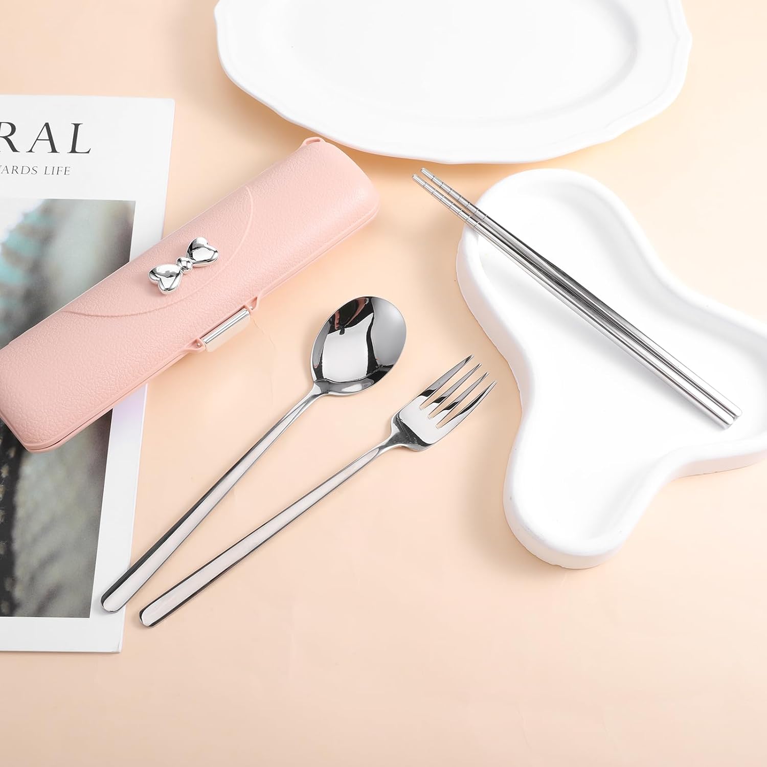 Portable Utensils Set with Case, Stainless Steel Travel Silverware Set Lunch Utensils Sets for Work Reusable Travel Cutlery Sets for Caming School Picnic, Dishwasher Safe (Pink)