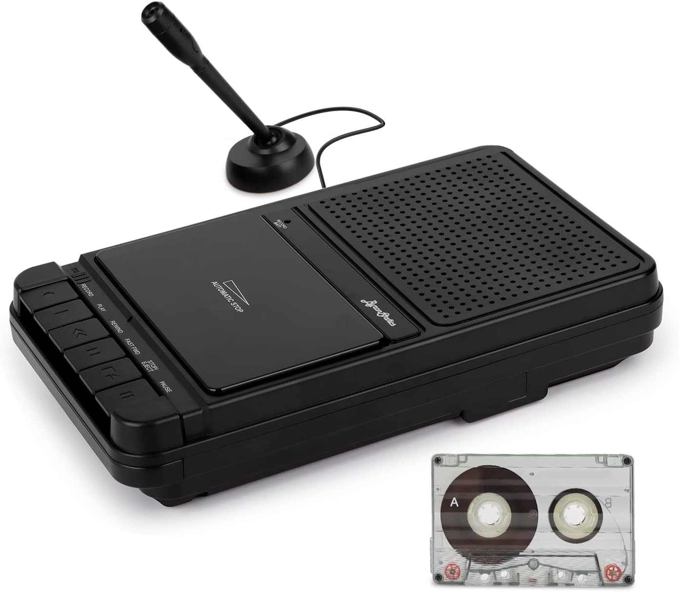 ByronStatics Portable Cassette Player Recorder with Stand - Alone Microphone, Built-in Speaker, Retractable Handle, Auto Voice Level Control, Headphone Jack, Aux in, for Meeting Tape Recorder