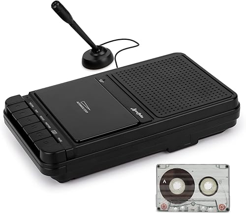 ByronStatics Reproductor de casete portátil con micrófono de soporte, altavoz integrado, mango retráctil, control automático de nivel de voz,