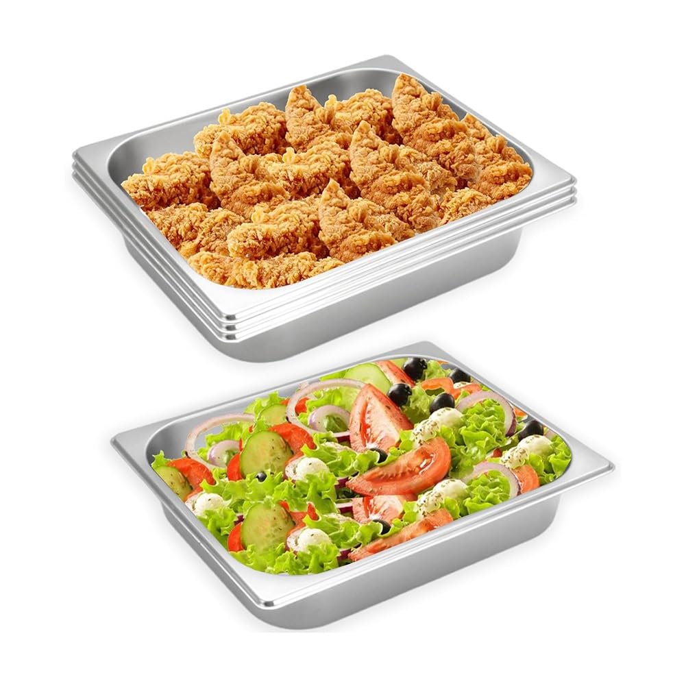 IJSDNVJNDX 4 Pcs Half Size Hotel Pan 1/2 Size 2.5 Inch Deep Stainless Steel Steam Table Pan Half Pans for Hotel, Party, Buffet, Catering Supplies for Chafing Dishes, Breading Trays