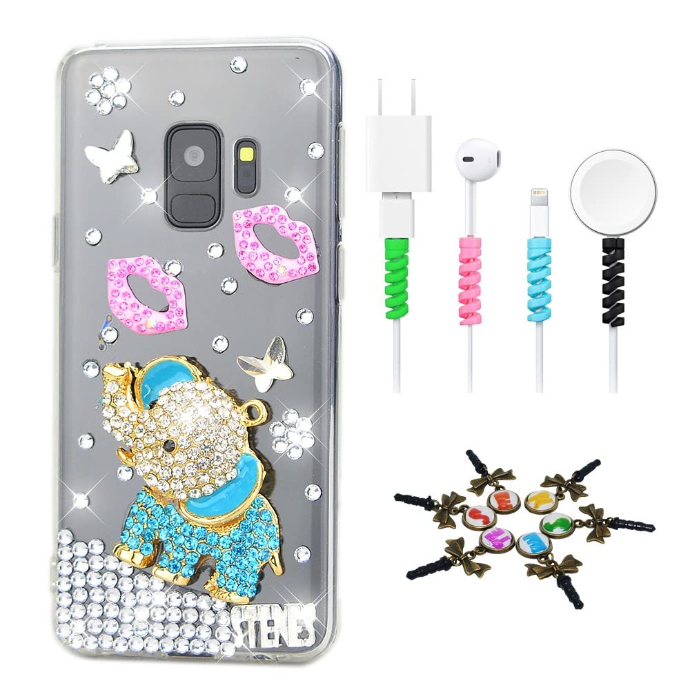 STENES Sparkle Case Compatible with Samsung Galaxy Note 5 - Stylish - 3D Handmade Bling Elephant Sexy Lips Rhinestone Design Cover Case with Cable Protector [4 Pack] - Green
