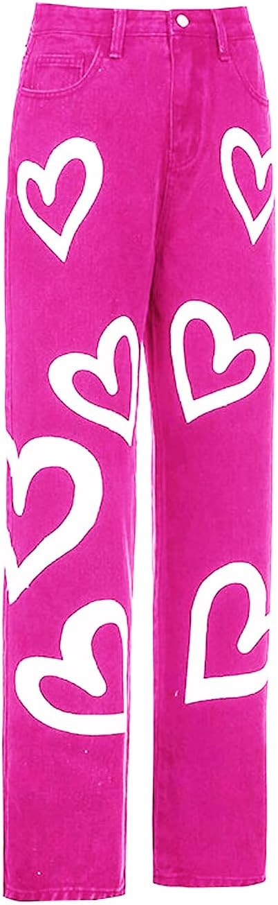 Heart Print Jeans for Women Fashion Wide Leg High Waist Denim Pants Boyfriend Jeans Loose Fit Vintage Jeans for Teen Girls