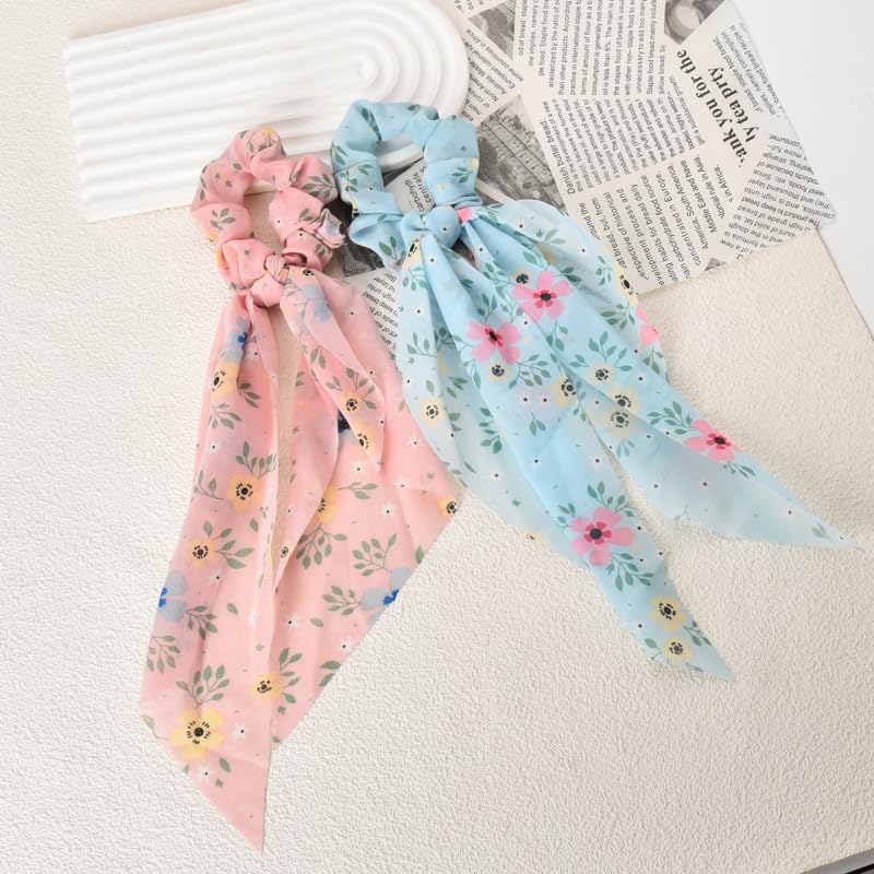Hair Scarf Scrunchies with Ribbon Tails for Women Girls Flower Printing Hair Scrunchy Scarf Hair Ties for Teen Girls Knotted Bow Hair Elastics Chiffon Ponytail Holder for Women 3 Pcs - Image 5