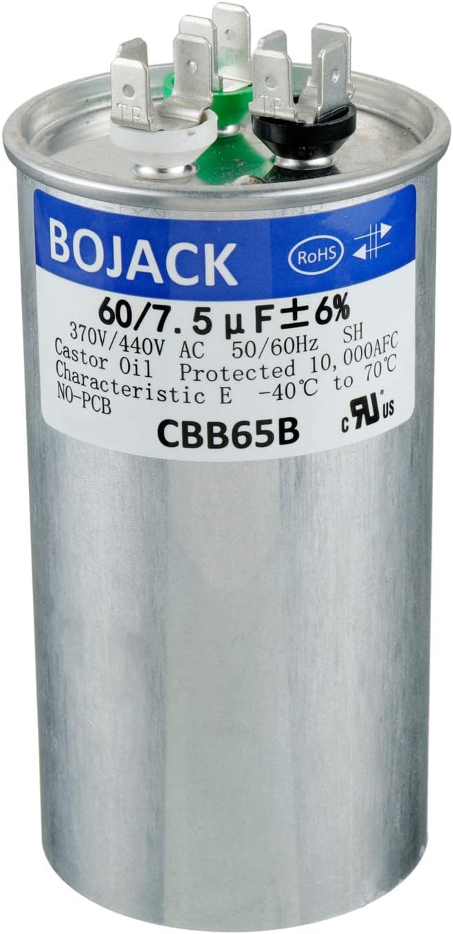 60+7.5 uF 60/7.5 MFD Ã‚±6% 370/440 V AC CBB65 Dual Run Circular Start Capacitor for AC Motor Run or Fan Start or Condenser Straight Cool or Heat Pump Air Conditioner