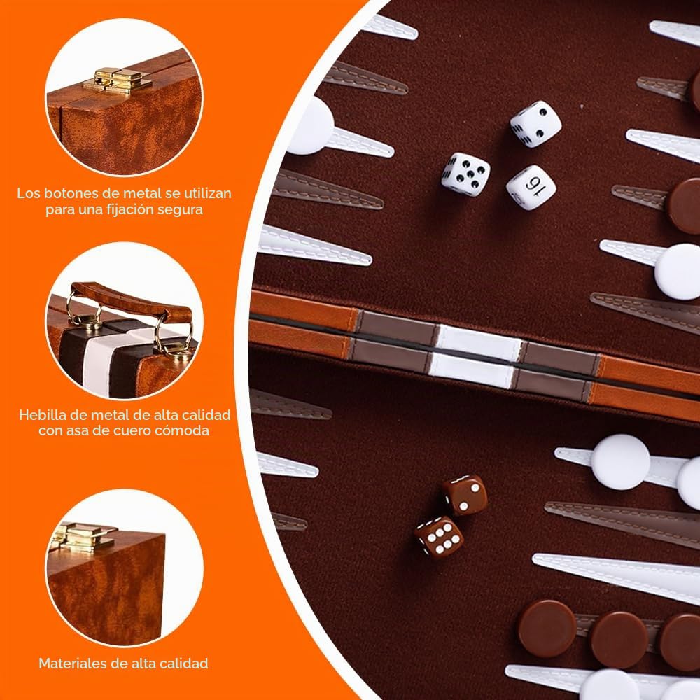 Juego de backgammon, maletín de backgammon, juegos de mesa clásicos para 2 jugadores, juego de estrategia de viaje portátil con funda de piel sintética de alta calidad, piezas de ajedrez y
