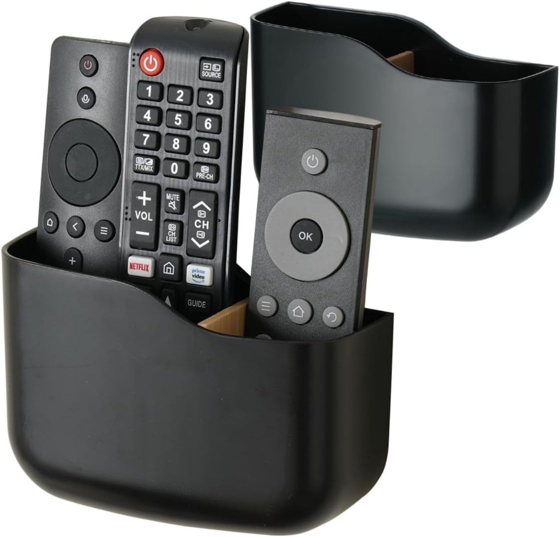 LINFIDITE 2 Pack Adhesive TV Remote Control Holder Wall Mount TV Remote Holder Wall Remote Control Caddy Storage Organizer Universal Controller Stand Box (For 2 Or 3 Remote Controls–Black