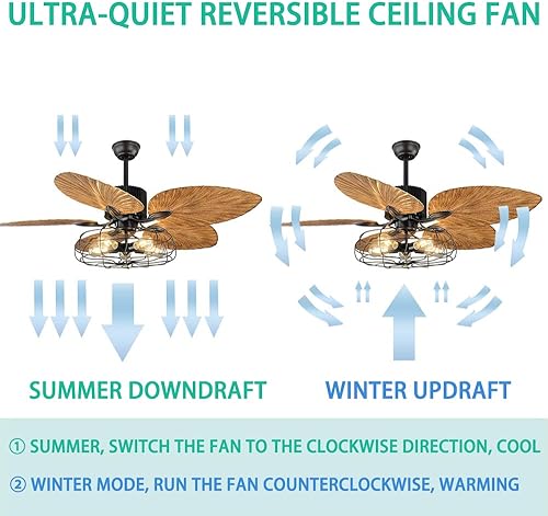 Miniatura 4 de Ventilador de techo industrial de 52 pulgadas con 5 luces, control remoto, hojas de palma y acabado negro, ventilador de araña silencioso y vintage
