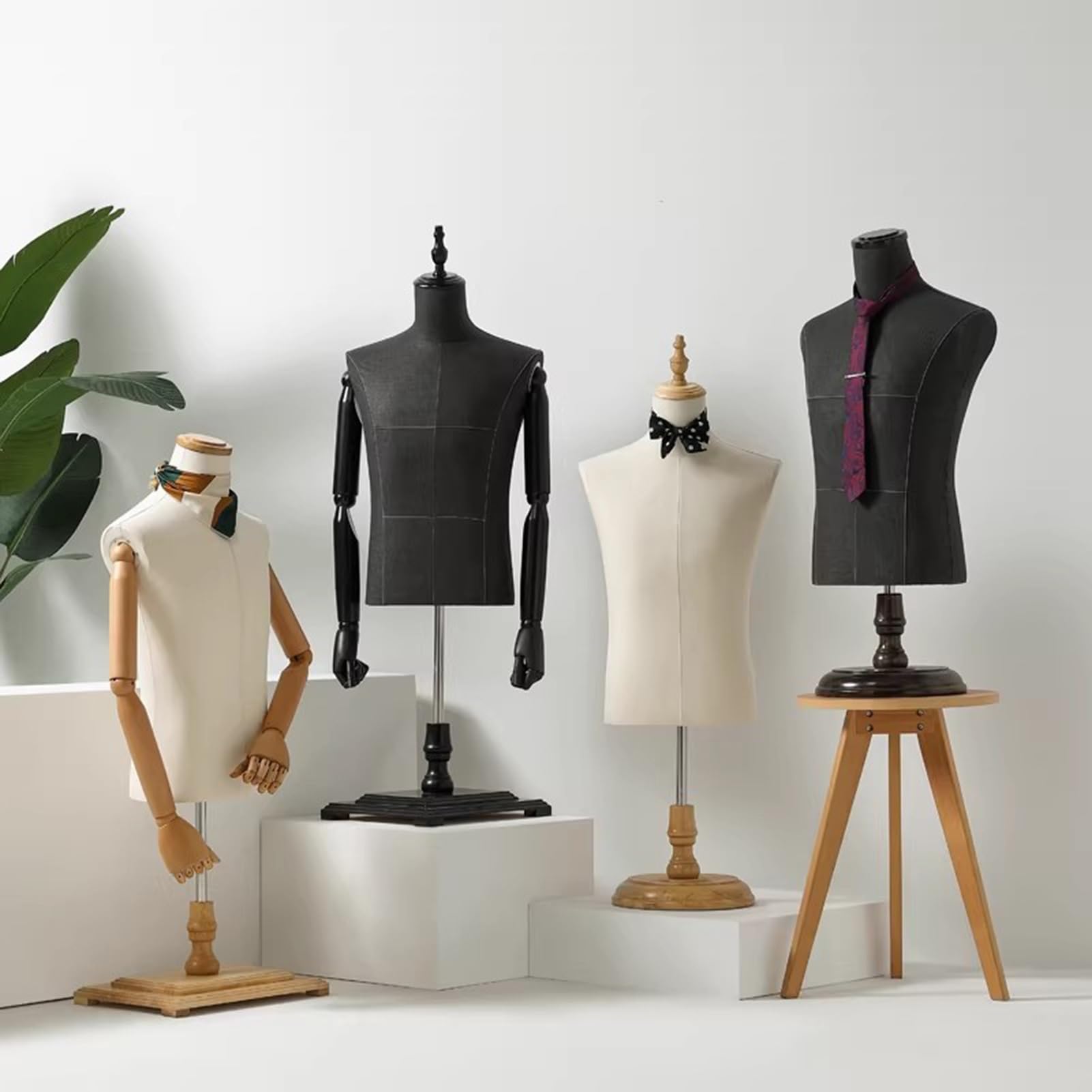 Manekin krawiecki męski, podstawa z litego drewna, elastyczne ramiona mechaniczn drewna, elastyczne ramiona mechaniczne, łatwy montaż, do prezentacji odzieży i prototypowania (czarny, tułów)