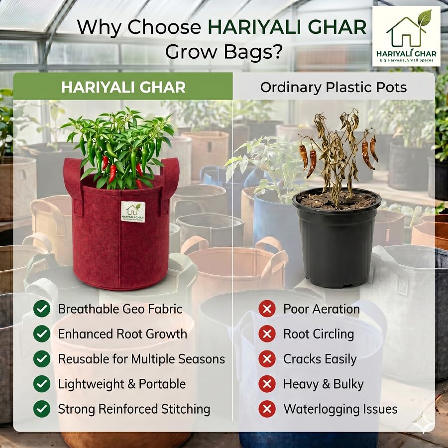 Image of 400 GSM Geo Fabric Round Grow Bags 8x8 Inch with Handle, Red Planting Bags for Terrace and Kitchen Gardening Pack of 8
