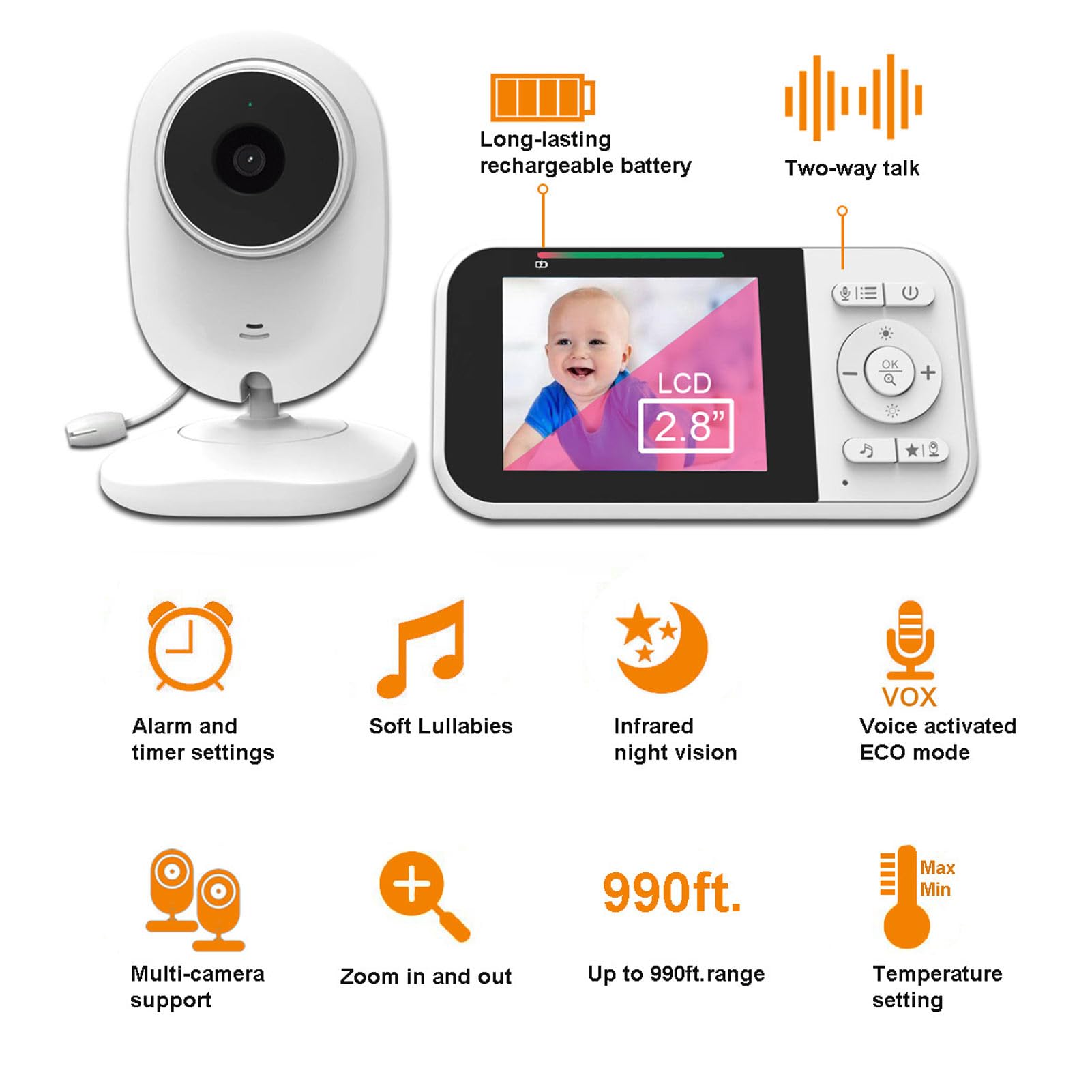 SEAFRONT Babyphone 1080p HD Vision Nocturne Écran 2,5 Pouces à Deux Voies avec caméra Audio Fonctionne Toute la Nuit