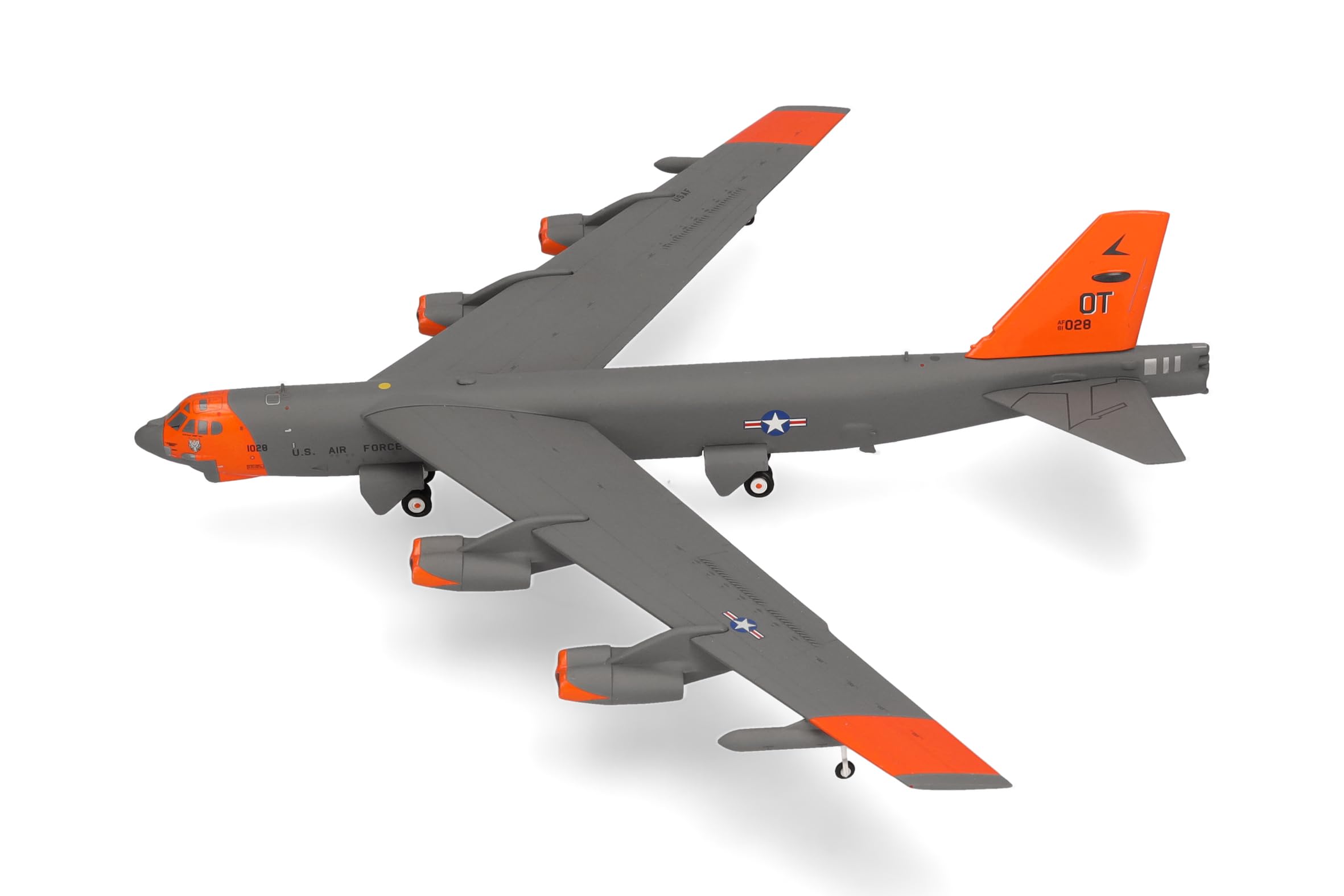 Herpa Modellflugzeug U.S. Air Force Boeing B-52H Stratofortress - 49th Test and Evaluation SQN - Test orange Livery, Miniatur im Maßstab 1:200, Sammlerstück, Flugzeug Modell mit Standfuß, Metall