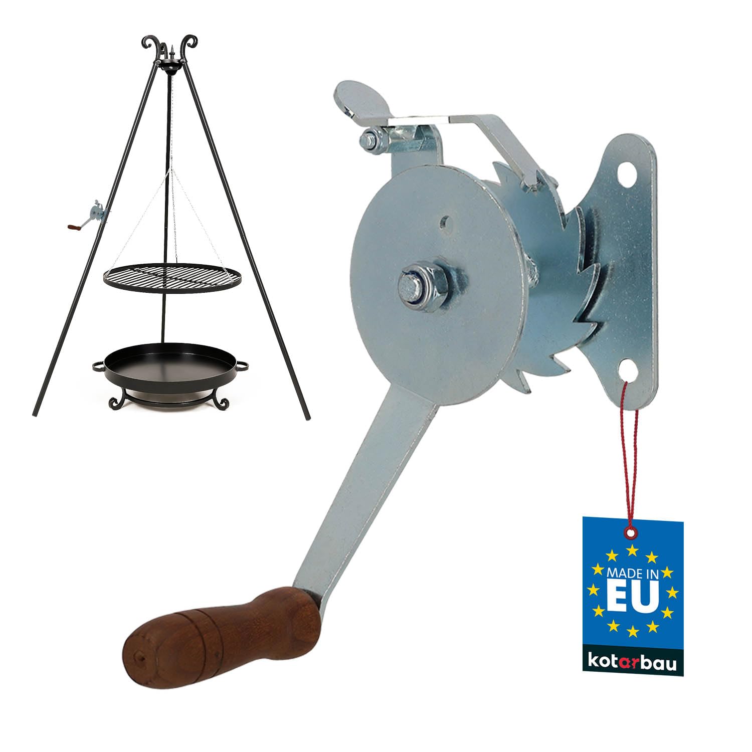 KOTARBAU® Carrete de parrilla para ajustar la altura de la parrilla de acero galvanizado con mango de madera Manivela de parrilla, manivela para parrilla