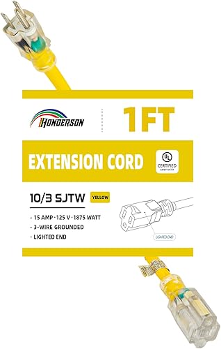 HONDERSON Paquete de 2 cables de extensión iluminados para exteriores de 6 pies, cable de extensión SJTW 103 amarillo resistente con enchufe a