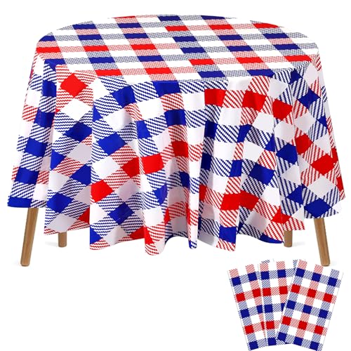 Image of 3 Pcs Disposable Round Patriotic Tablecloth 4th of July 84 Inch Plastic Tablecloth Red White and Blue Buffalo Plaid Memorial Day Table Cover for Independence Day Dinner Party