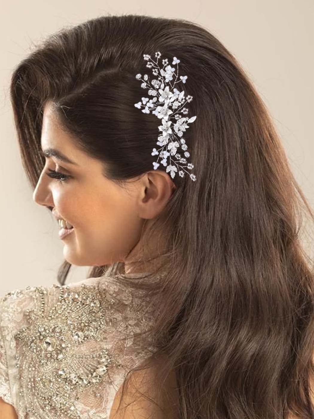 Rhinestone Hair Combs Silver Flower Wedding Hairpieces Bridal Side Clips Amazon.com : Foyte Crystal Bride Wedding Hair Comb Silver  main image 4