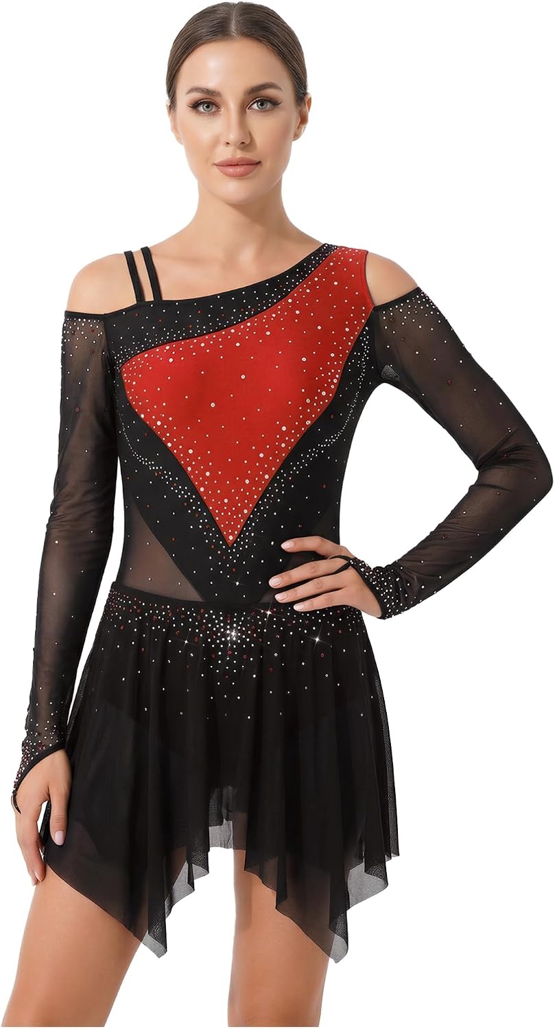 YiZYiF Figure Ice Skating Dress for Women Long Sleeve Shiny Rhinestones Roller Skating Lyrical Dance Costume