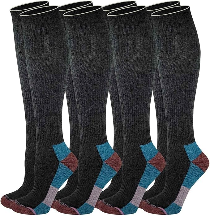 Dr. Motion Compression Knee HIgh Socks (4 Pairs), Arch Support Outdoor Running HIking Socks for Women