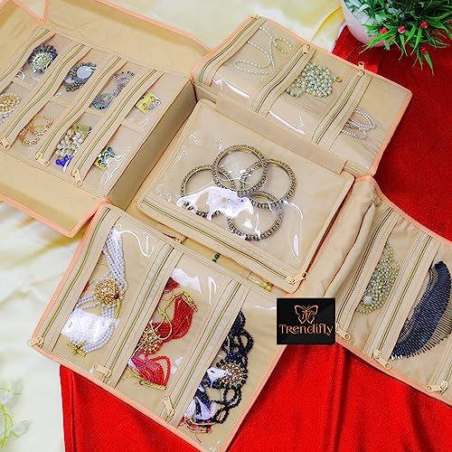 Image of Trendifly silk Lucknowi Jewellery Organiser Box for women Necklace organizer pouches Travel Makeup Cosmetic Earrings Jewelry Storage Box for Bridal Gifting (Oragne), Multicolor