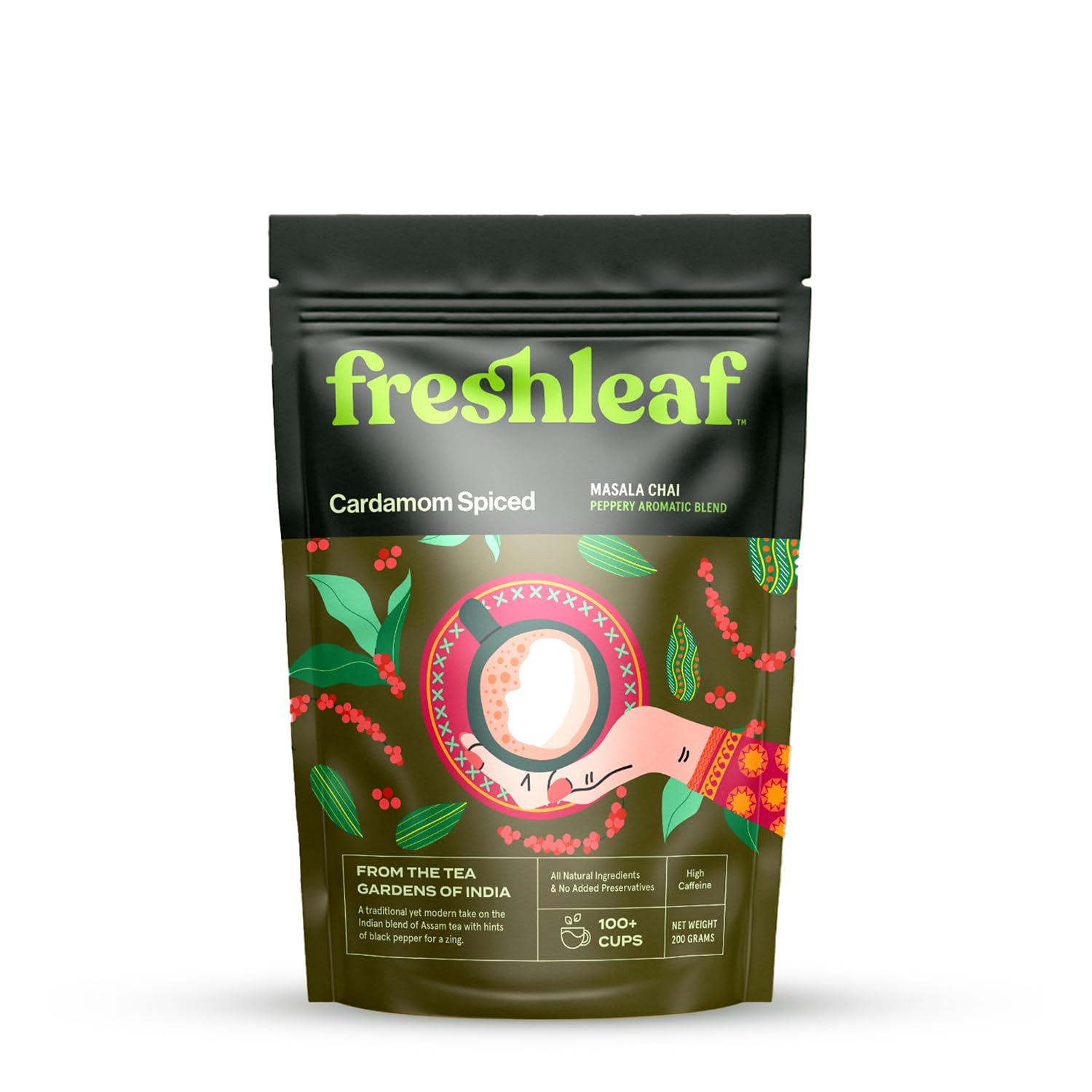 FRESHLEAF Cardamom Spiced Masala Chai Rich With Anti-Oxidants, 100% Whole Long Leaf Pouch 200gm (Pack of 1)-image-24