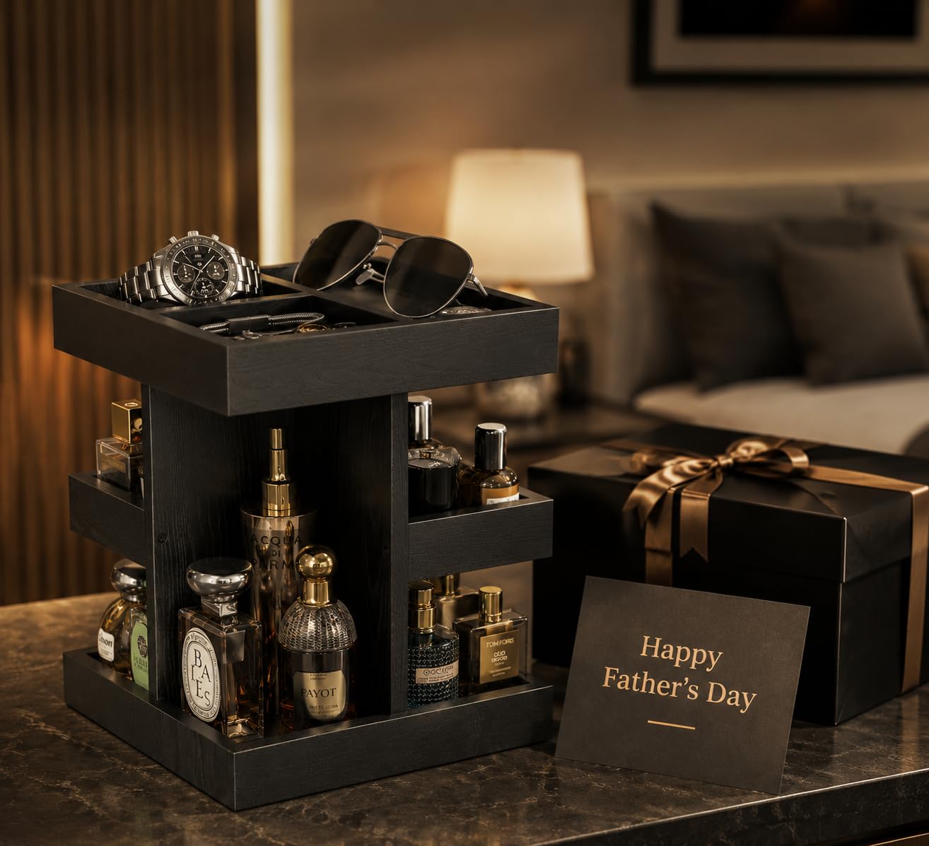Rotating 3-Tier Solid Wood Cologne Organizer