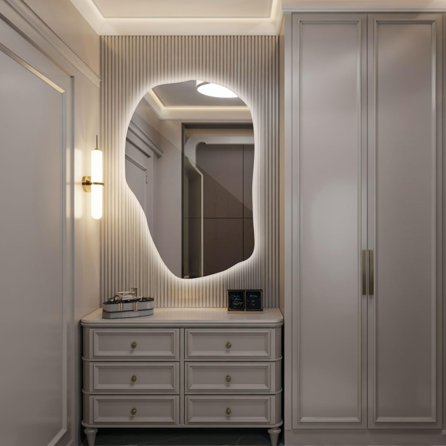 Tulup Specchio per Vestirsi 100x65 cm Illuminato con Luci a LED Luce Neutro Forma Irregolare Asimmetrico Senza Cornice con Illuminazione per Soggiorno, Bagno, Camera da Letto, Corridoio