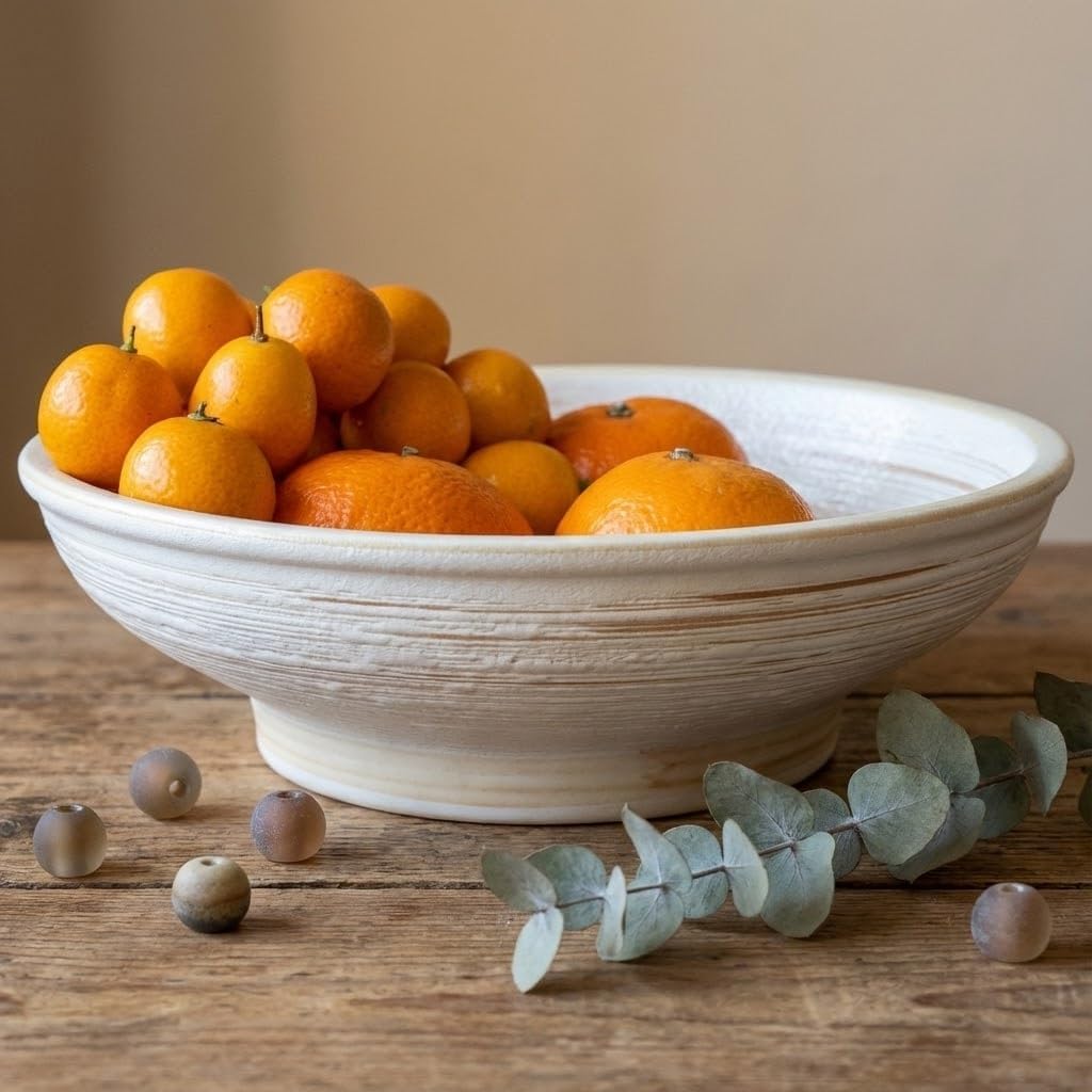 9 Inch Decorative Bowl, Embossed Textured Ceramic Centerpiece Bowl for Tabletop, Floral Fruit Display, Kitchen & Dining Serving Bowl, Farmhouse, Bohemian Home Deco