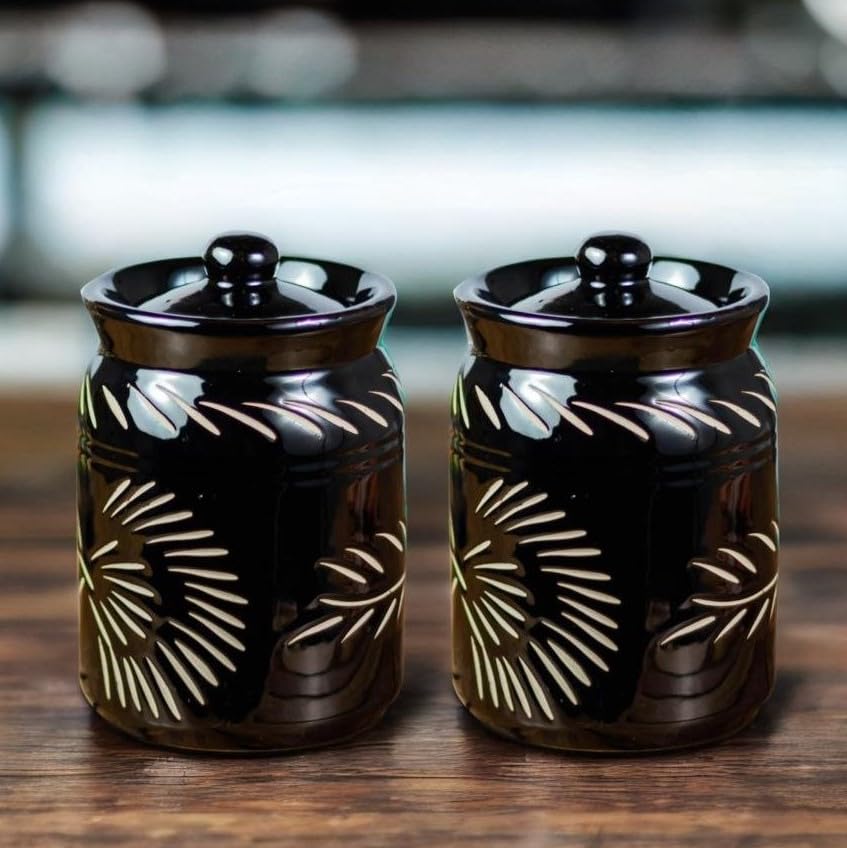 Image of Ceramic Pickle Jar Floral Cutting(Set of 2) | Black Achaar Container | Kitchen Storage Containers for Pickles & Spices | Ceramic Jars for Kitchen Storage | 1 kg Achaar Martban | Salt Container
