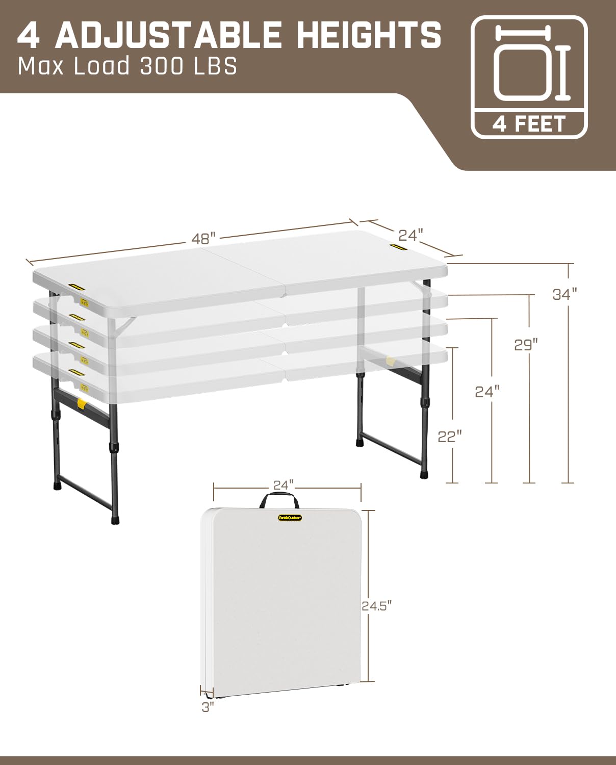 Zeta X4 Pro 120 cm Langer, tragbarer Klapptisch, einhändig höhenverstellbar (4 Stufen), arretierbar, mit Griff, robust und langlebig, geeignet für Partys im Innen- und Außenbereich – Weiß