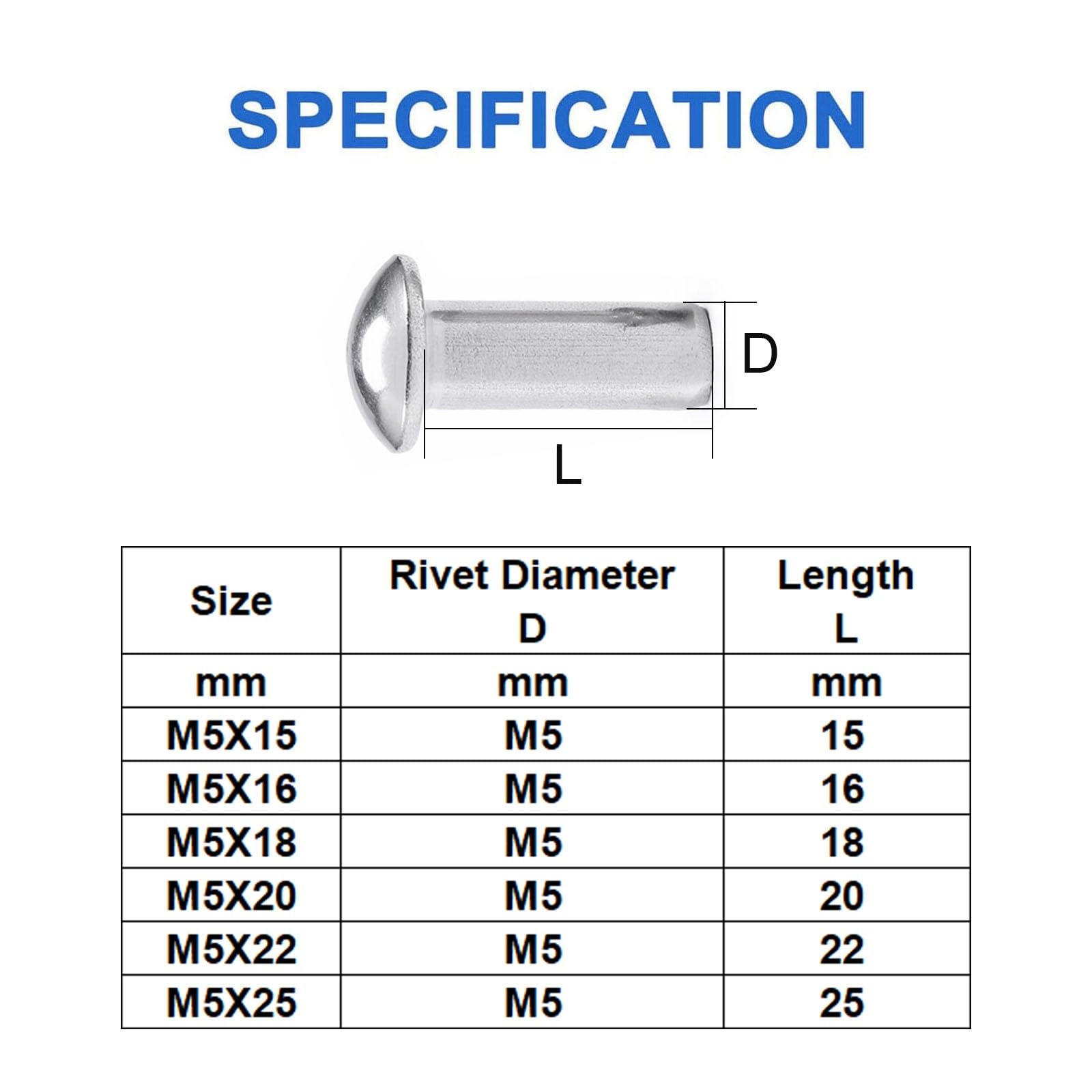 50 Pièces Rivets Massifs M5X45mm, Acier Inox Rivets Solides Tête Bombée