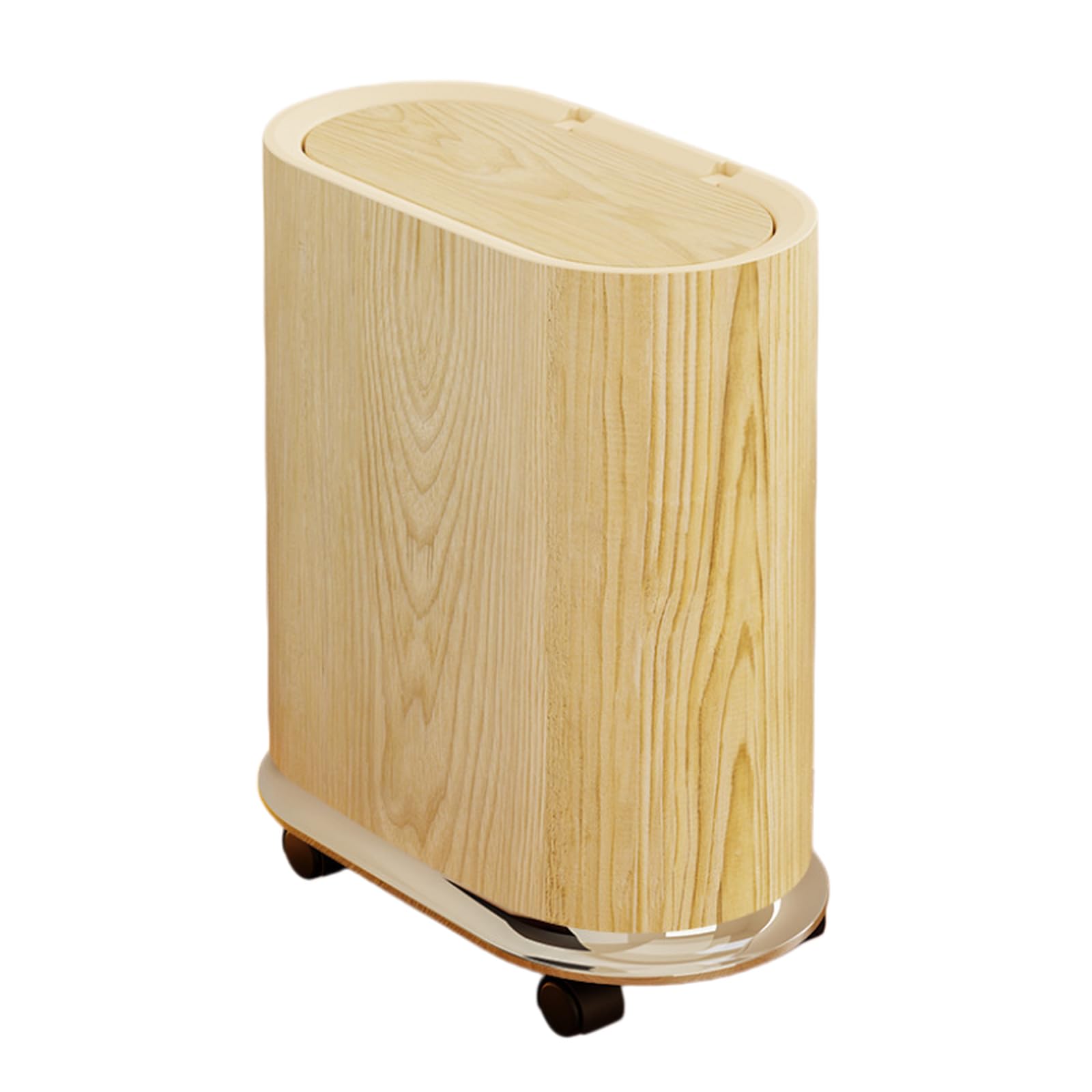 Cestino portarifiuti mobile effetto legno con ruote, grande cestino per rifiuti da 12 litri con coperchio a pressione per cucina e soggiorno, pattumiera ovale sottile a doppio strato con coperchio