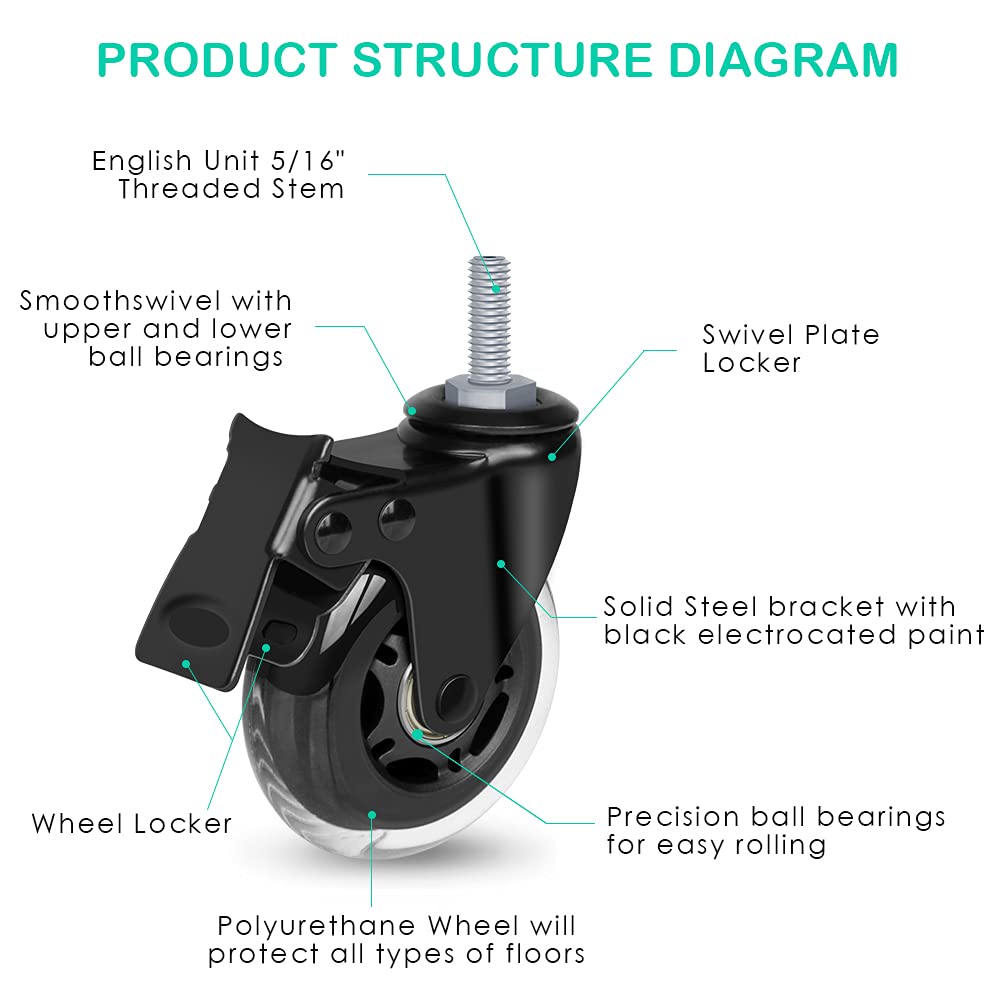 Hirate 5pcs Threaded Stem Casters 5/16"-18UNC with Brake, 3" Heavy Duty Swivel Locking Casters Replacement Quiet Rolling Safe for Office Home, Include Flange Lock Nuts: Industrial & Scientific