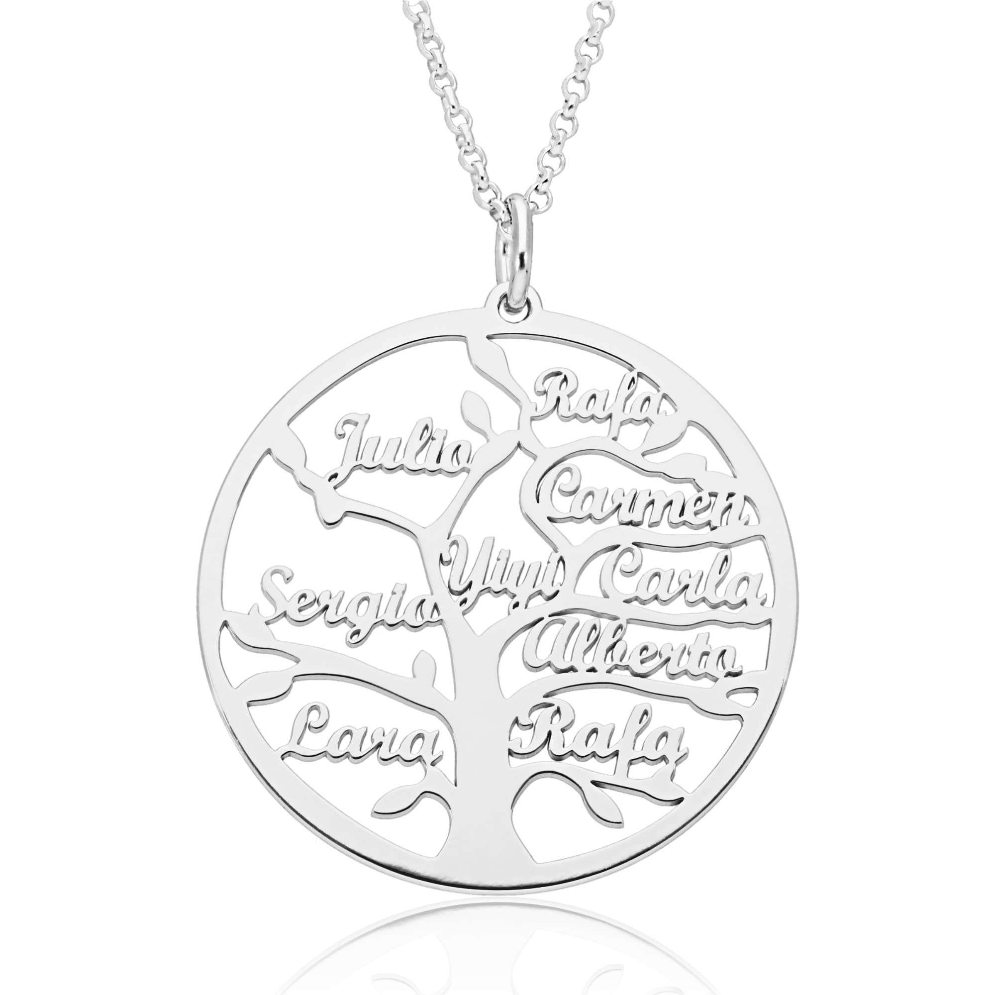 doble arodoble aro - Collar Árbol de la Vida para Mujer Plata de Ley - Colgante Regalo para Madres y Abuelas con Nombres de su Familia - Cadena de 45 cm + Alargador (Hispalis hasta 9 nombres, Plata de Ley)