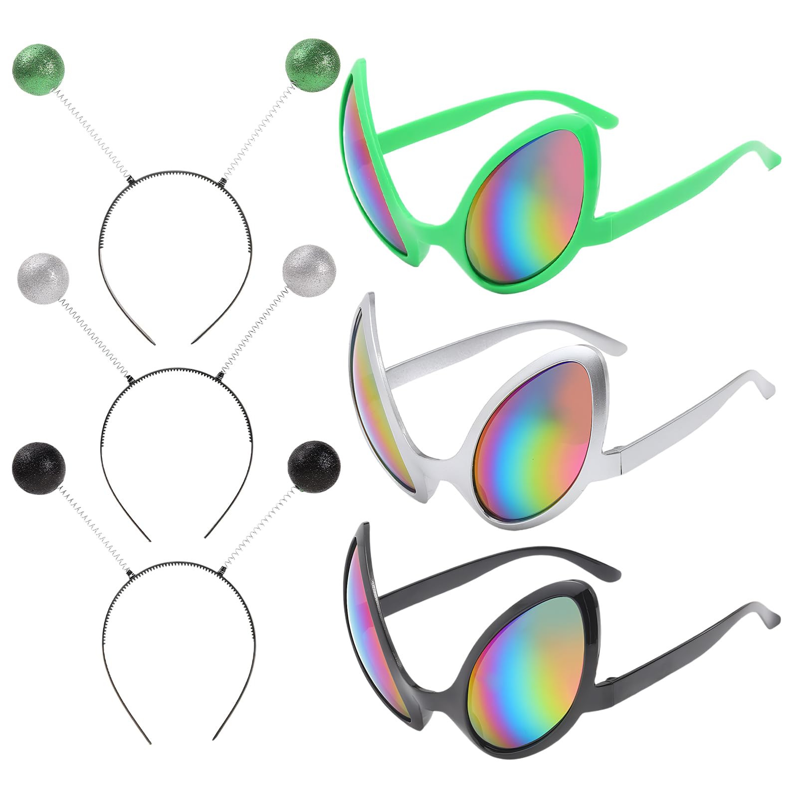 Ruiunchu Alien Headband and Alien Glasses, 6PCS Black, Silver, Green