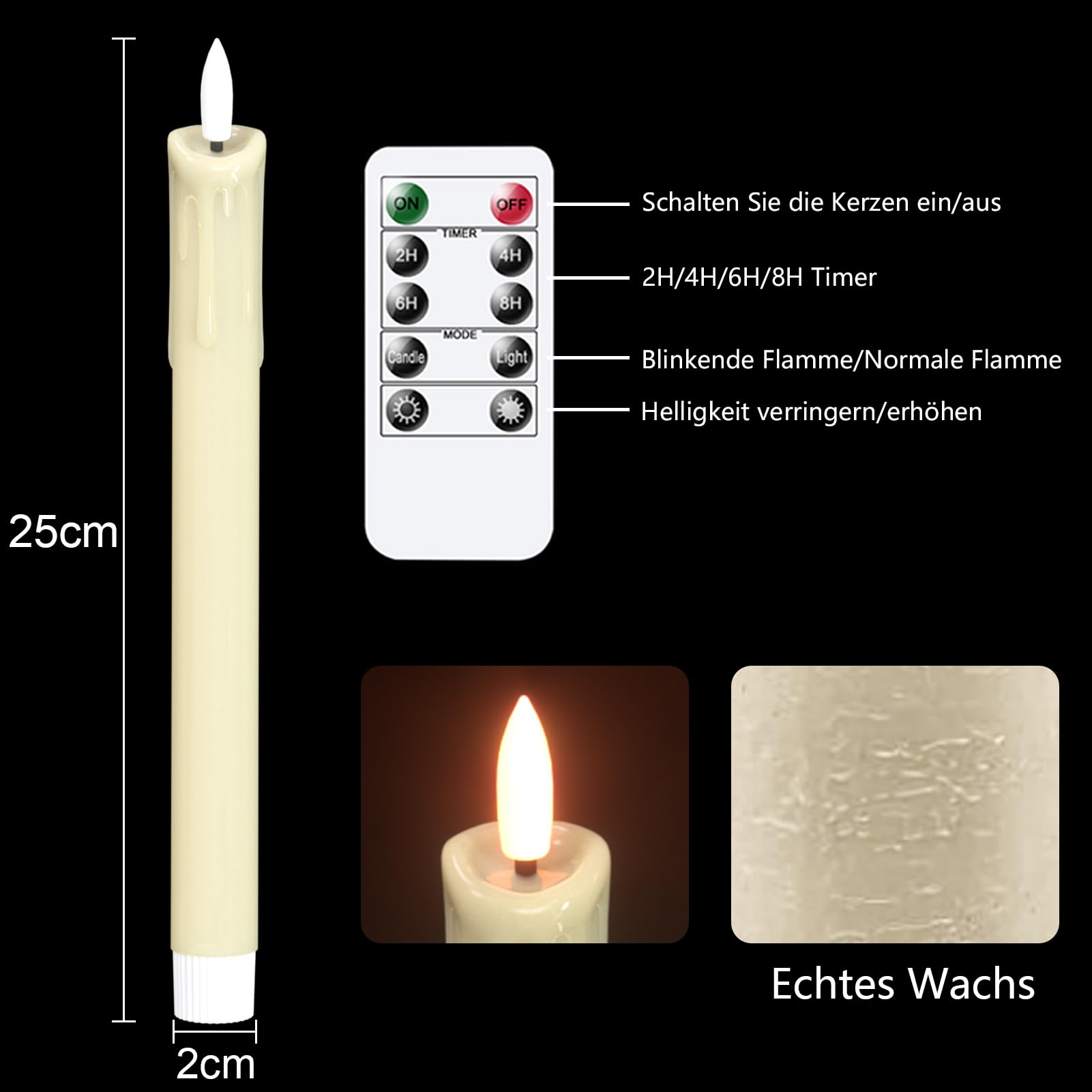 Eldnacele LED Stabkerzen mit Timerfunktion, 6er Set mit Tropfwachs-Design | Elektrische Kerzen mit Fernbedienung, flackernde 3D-Flamme, elfenbeinfarben, batteriebetrieben, Weihnachtsdeko und Hochzeit