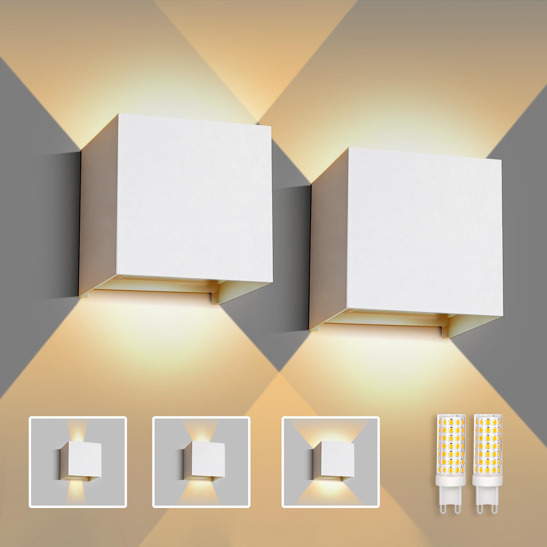 Applique Murale LED Intérieur et Extérieur, Lot de 2, Blanc Chaud 3000K, Ampoule G9 Remplaçable, Étanche IP65, 9W 700 Lumens, Angle de Faisceau Réglable 0-120°, Aluminium, Blanc Sable