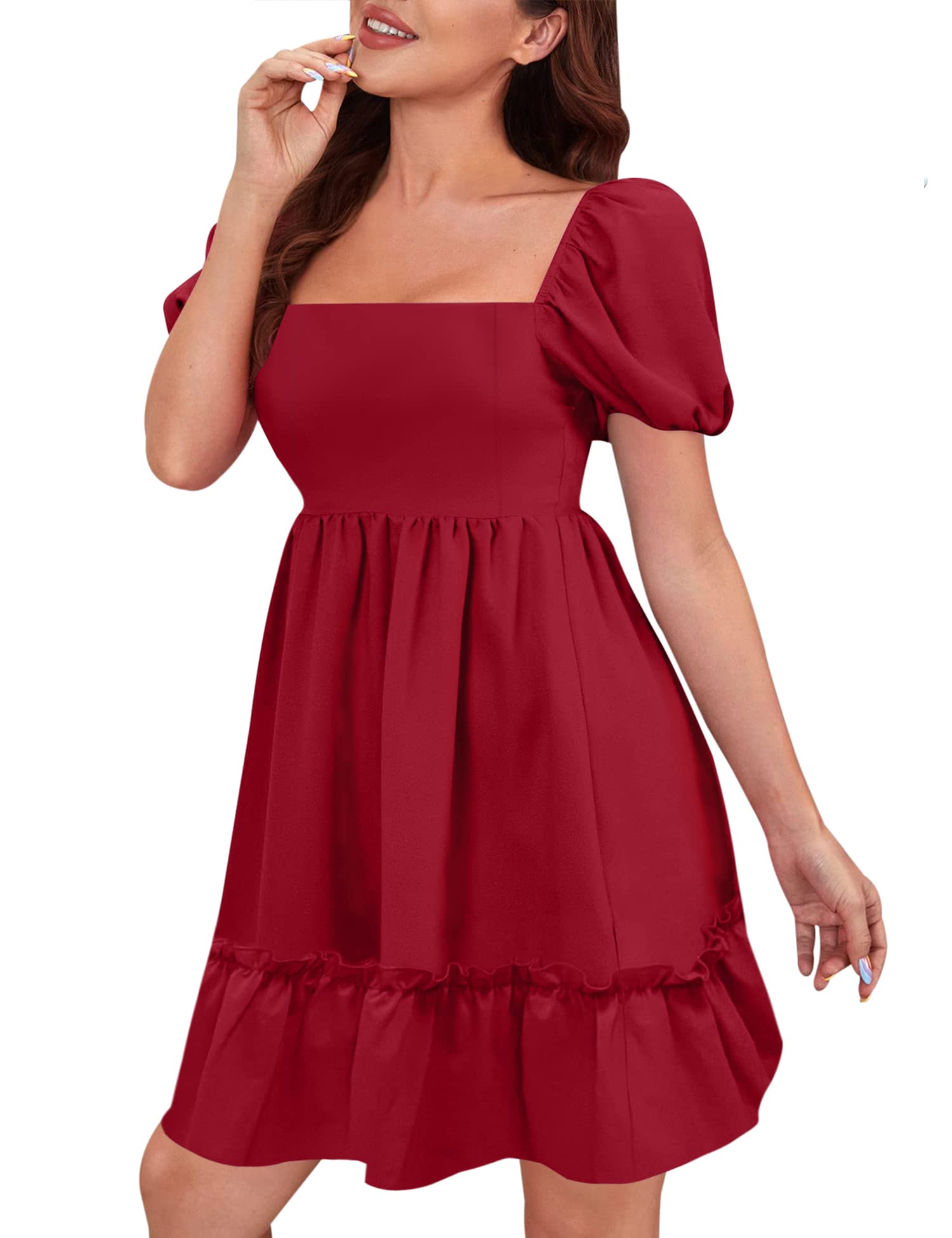 Photo 1 of AIMCOO Square Neck Puff Sleeve Floral Sundress Solid Smocked Tiered Ruffle Short Dress Casual Summer Dresses for Women 2023 SIZE 14