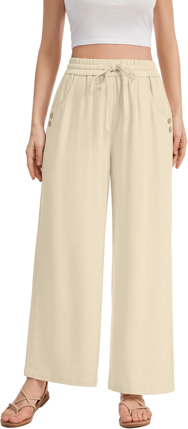 Womens Linen Wide Leg Pants Casual Drawstring Summer Long Trousers Palazzo Harem Pants with Pockets - Image 4