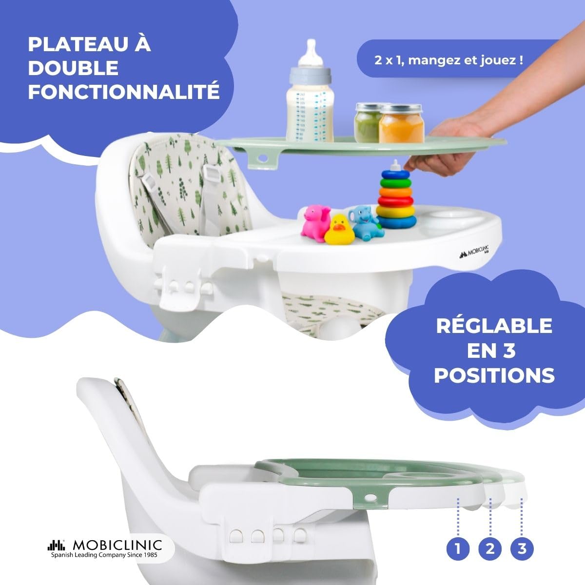 Mobiclinic® kids, Chaise haute évolutive, 2 en 1, Hauteur réglable, Double plateau, 6-36 mois, Forest, Harnais de sécurité 5 points, Roues amovibles, Jusqu'à 35 kg, Panier rangement, 360º