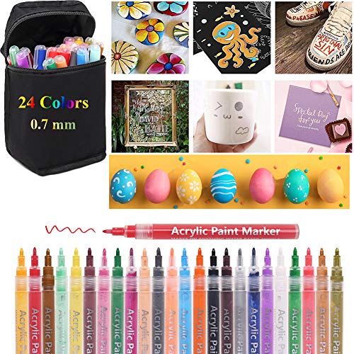A AM SeaBlue Acrylstifte Marker Stifte Set,24 Farben Acrylfarbstifte Wasserfest Markers Stifte mit Dünner Spitze,Acrylic Pens Marker für Kinder Erwachsene DIY Design Schule Manga Kunstler Glas(0,7mm)