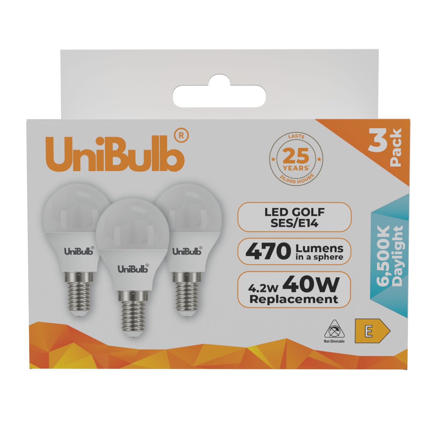 Unibulb E14 Energy Saving LED Light Bulb, Small Edison Screw (SES), 4.2W, 470lm, 40W Equivalent, Daylight 6500K, Golf Ball Bulb, P45, 220-240V, Non-Dimmable, 25,000hr lifespan, Pack of 3 โ image 1