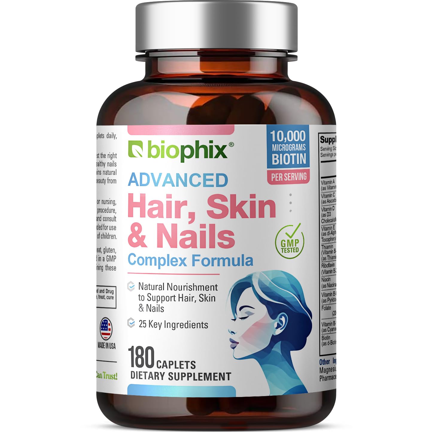 biophix Hair Skin and Nails Complex 180 Caplets with 10000 mcg Biotin - Multivitamin Supports Strong Nails Beautiful Hair Healthy Anti-Aging