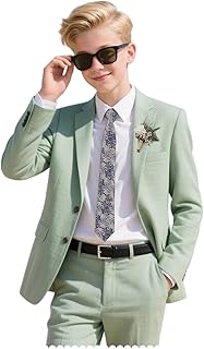 Boys Linen Suits Beach Wedding Suit Summer Slim Fit 2 Piece Kids Lightweight Linen Suit Jacket Pant Set